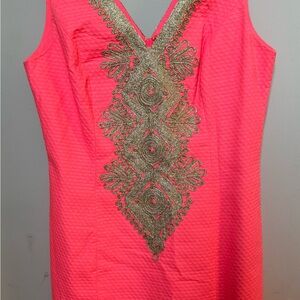 Lilly Pulitzer “Junie Shift Dress” Coral Reef w/ Gold detail.